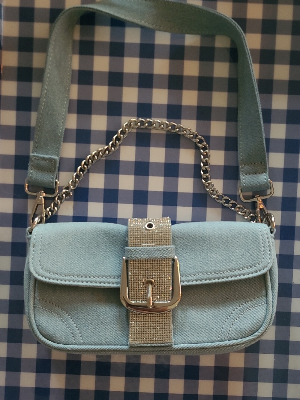 Denim And Rhinestone Mini Purse With Strap And Chain. From Claire's